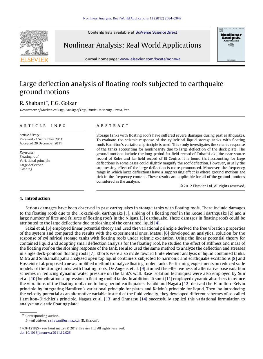 Large deflection analysis of floating roofs subjected to earthquake ground motions