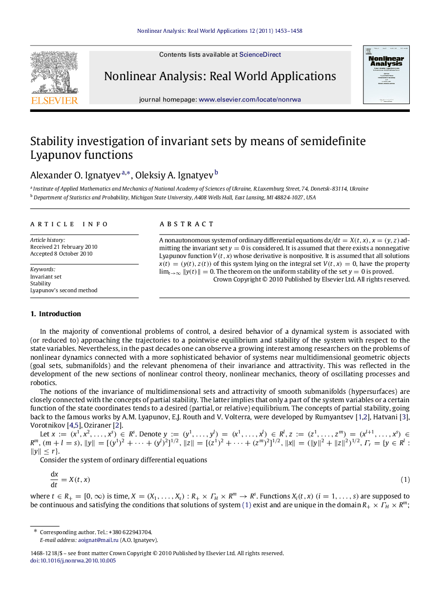 Stability investigation of invariant sets by means of semidefinite Lyapunov functions