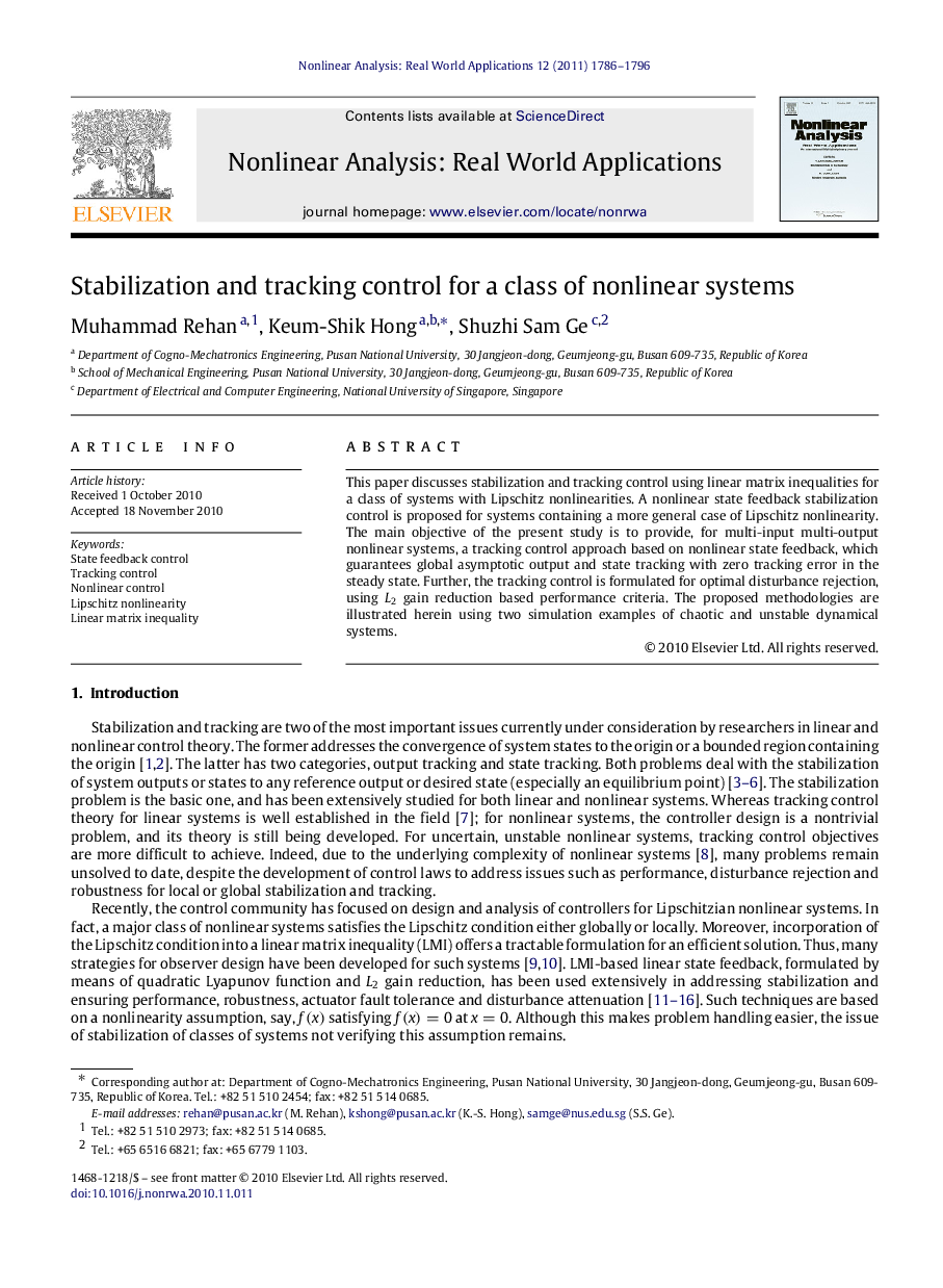 Stabilization and tracking control for a class of nonlinear systems