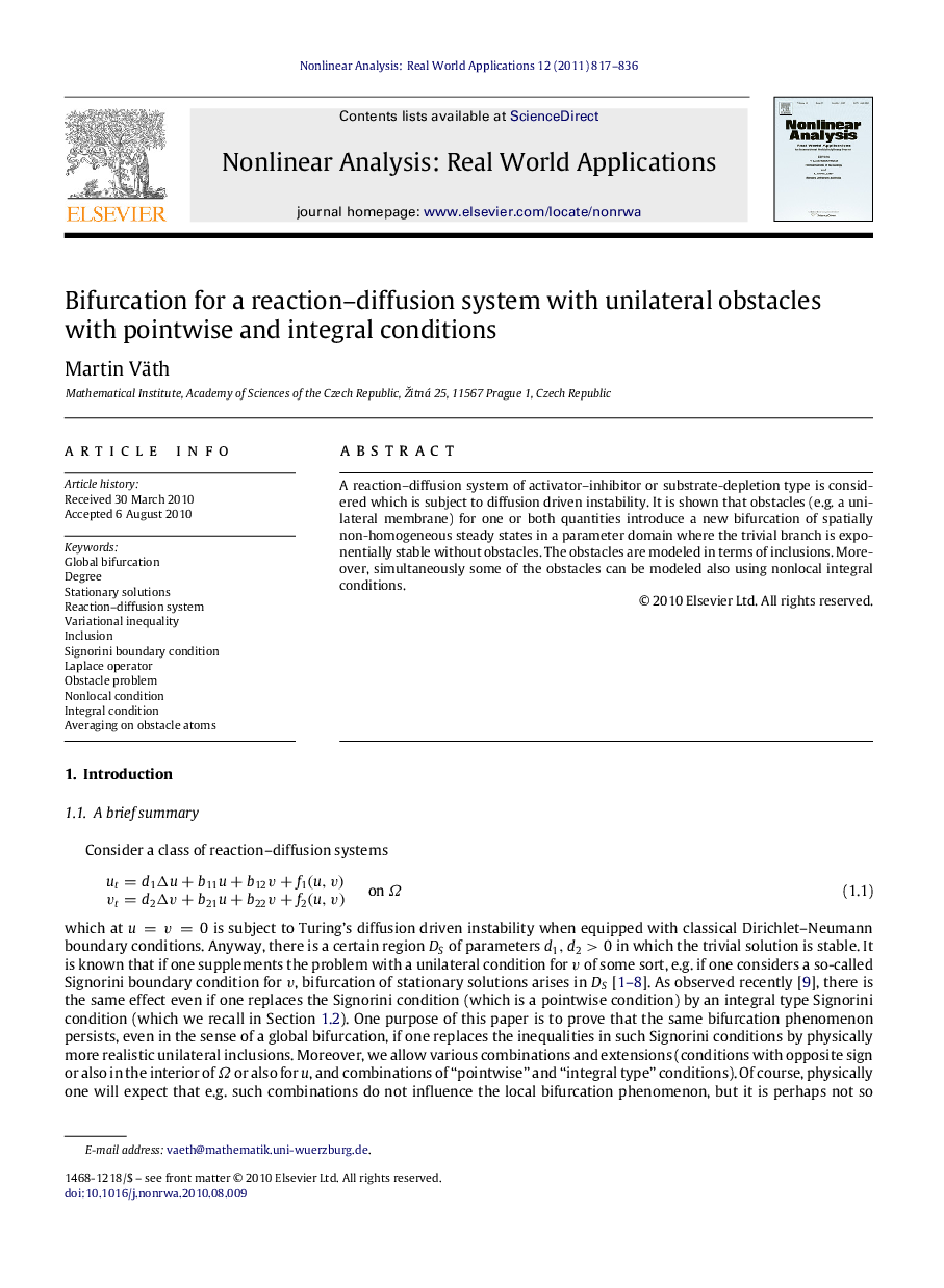 Bifurcation for a reaction–diffusion system with unilateral obstacles with pointwise and integral conditions