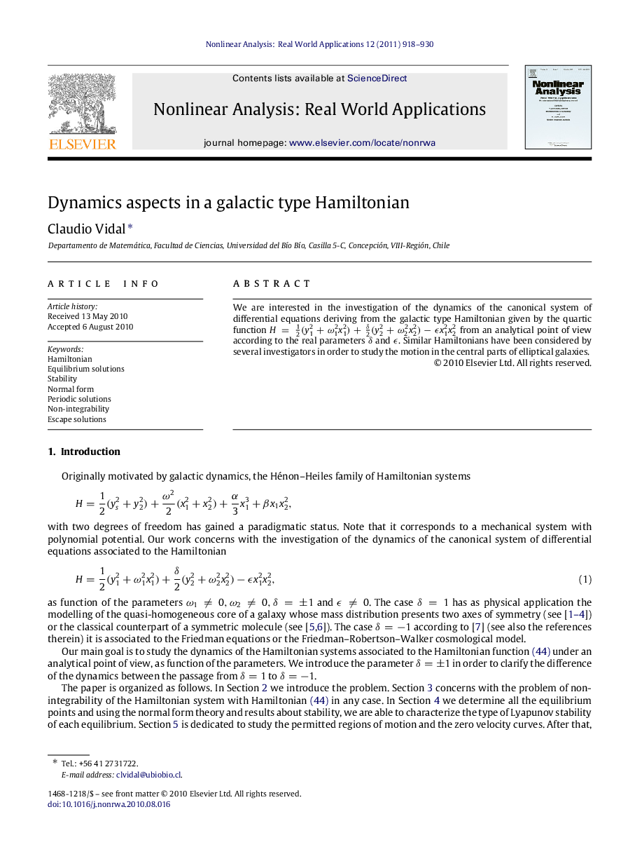 Dynamics aspects in a galactic type Hamiltonian