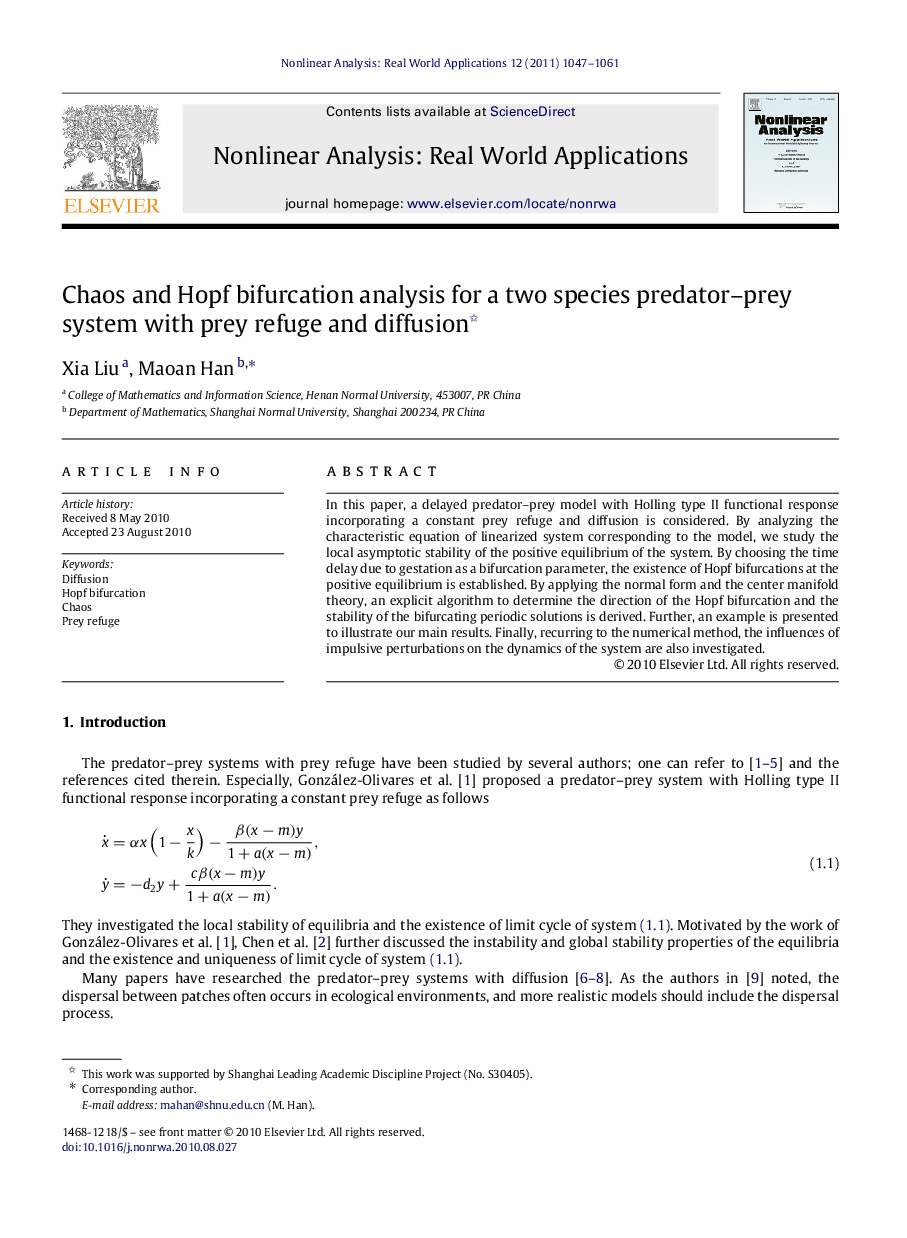 Chaos and Hopf bifurcation analysis for a two species predator–prey system with prey refuge and diffusion 