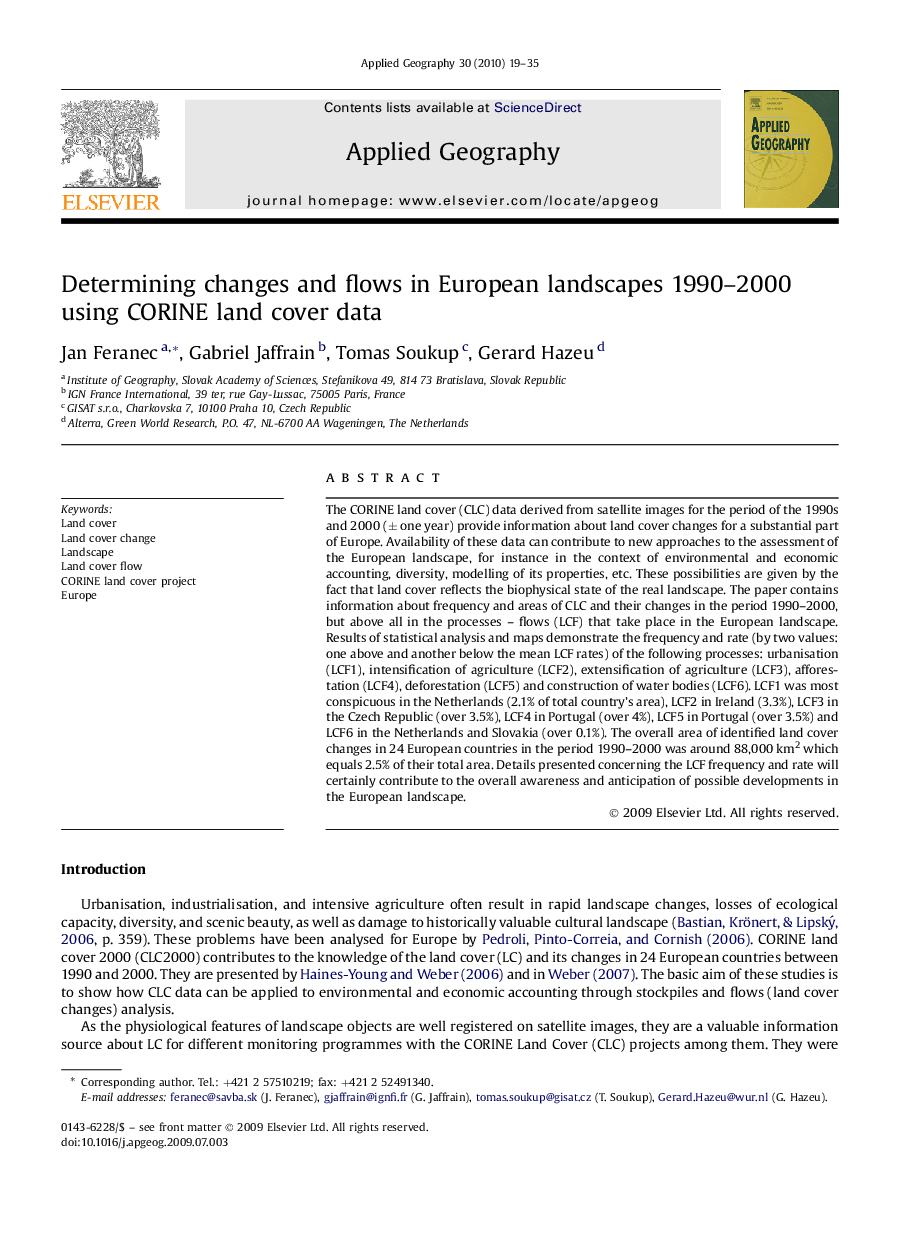 Determining changes and flows in European landscapes 1990–2000 using CORINE land cover data