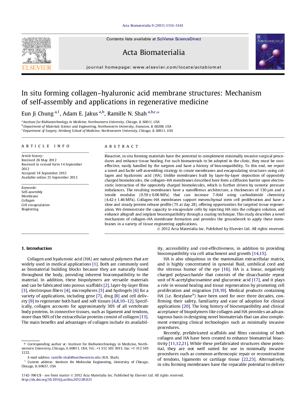 In situ forming collagen–hyaluronic acid membrane structures: Mechanism of self-assembly and applications in regenerative medicine