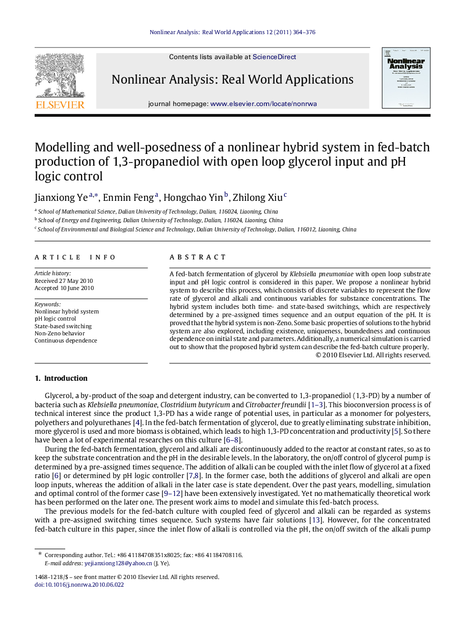 Modelling and well-posedness of a nonlinear hybrid system in fed-batch production of 1,3-propanediol with open loop glycerol input and pH logic control