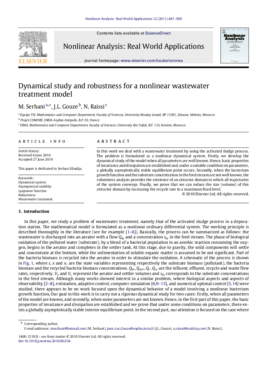 Dynamical study and robustness for a nonlinear wastewater treatment model