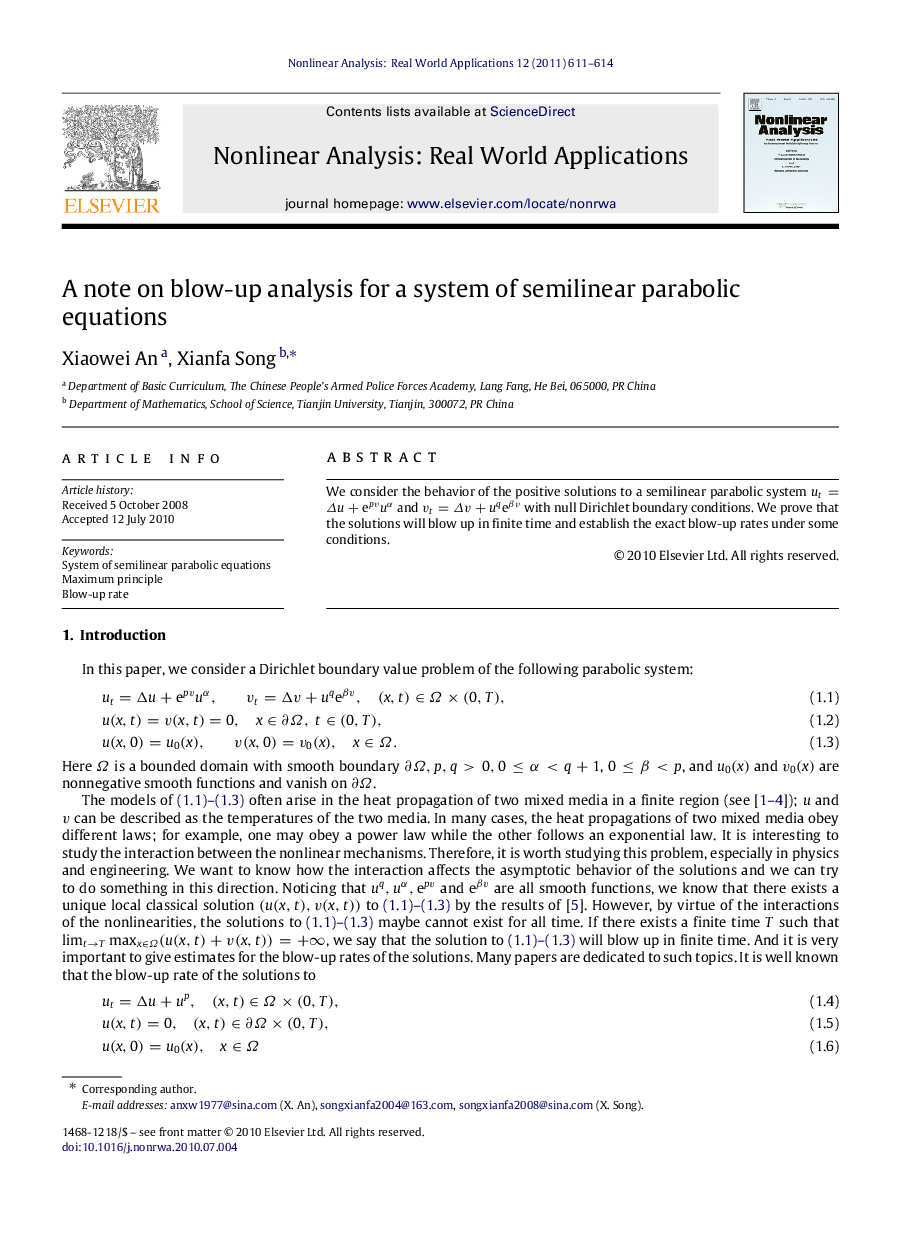 A note on blow-up analysis for a system of semilinear parabolic equations