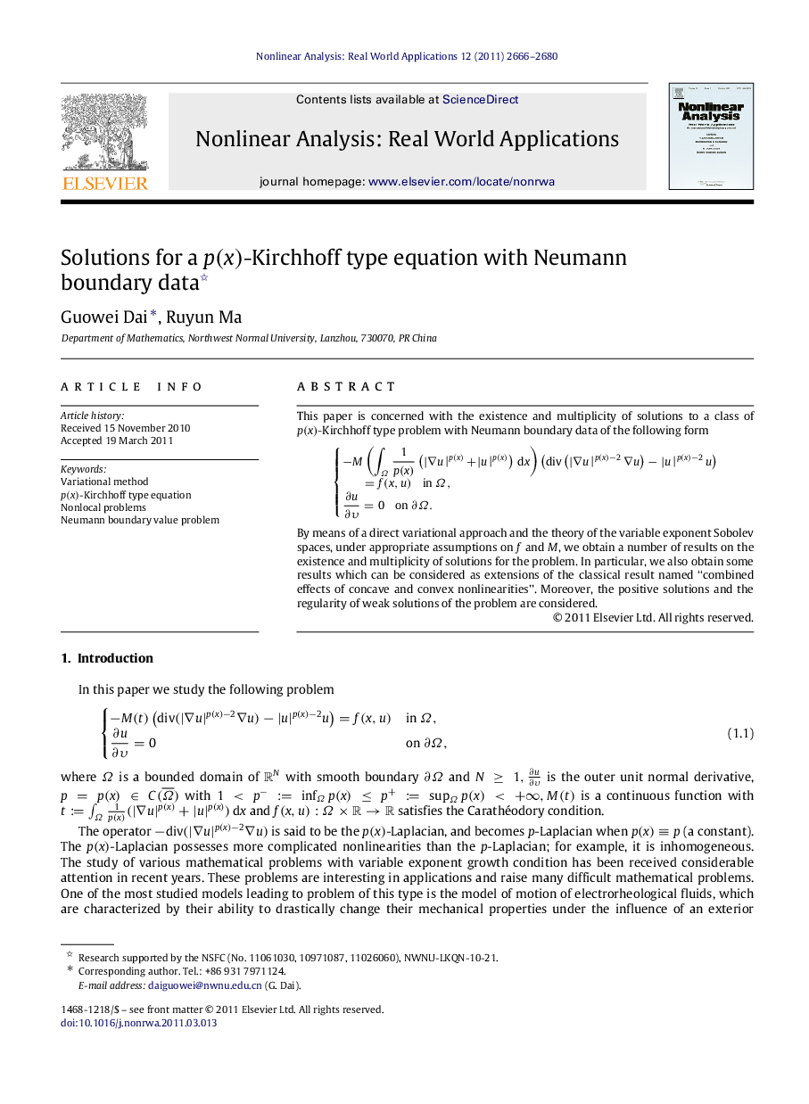 Solutions for a p(x)p(x)-Kirchhoff type equation with Neumann boundary data 