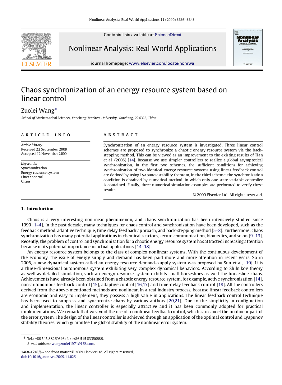 Chaos synchronization of an energy resource system based on linear control