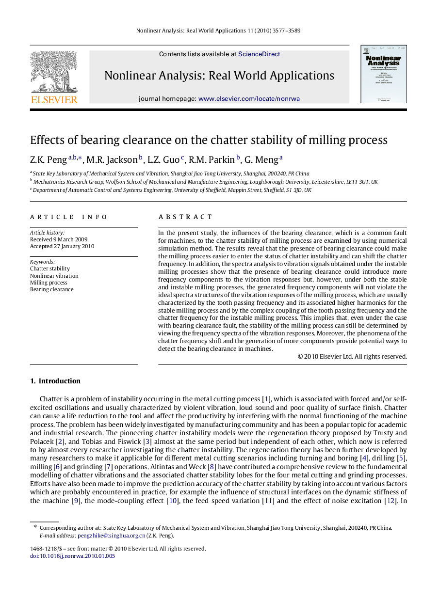 Effects of bearing clearance on the chatter stability of milling process