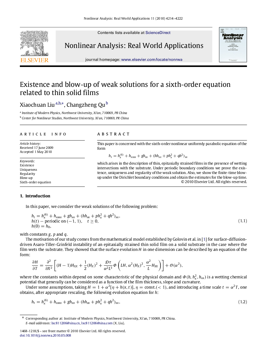 Existence and blow-up of weak solutions for a sixth-order equation related to thin solid films