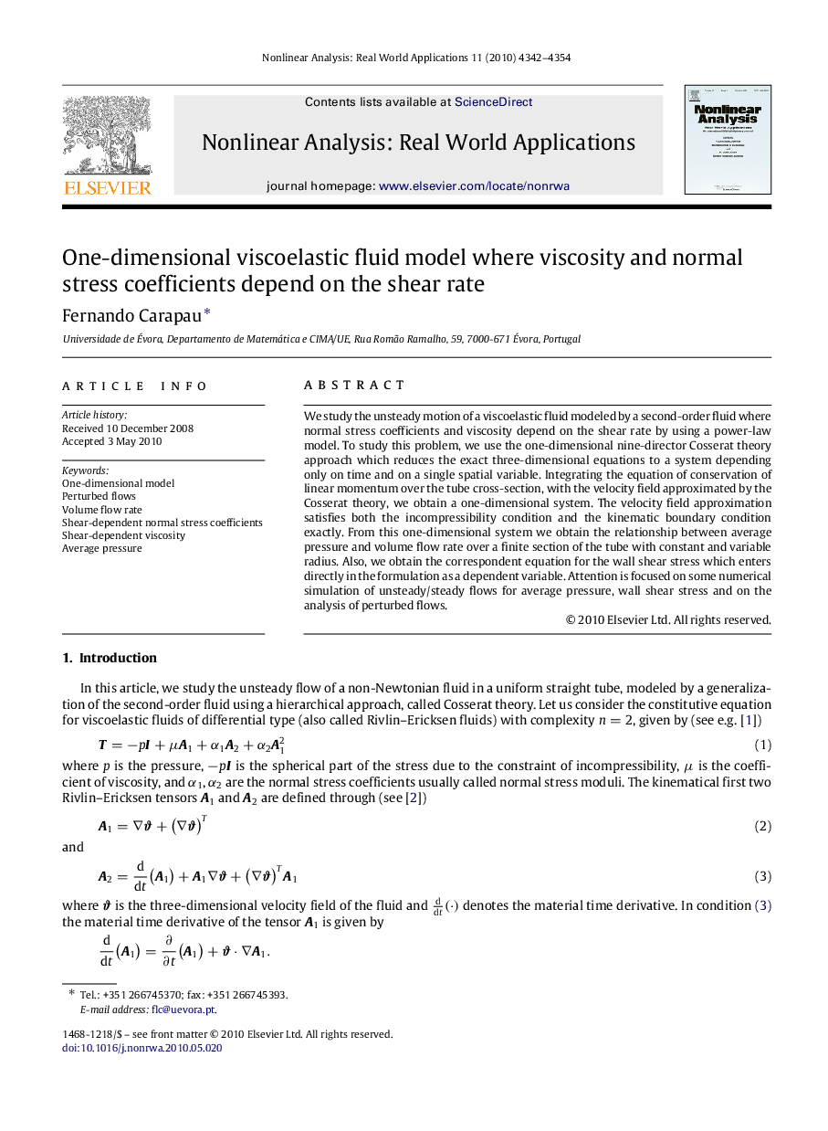 One-dimensional viscoelastic fluid model where viscosity and normal stress coefficients depend on the shear rate