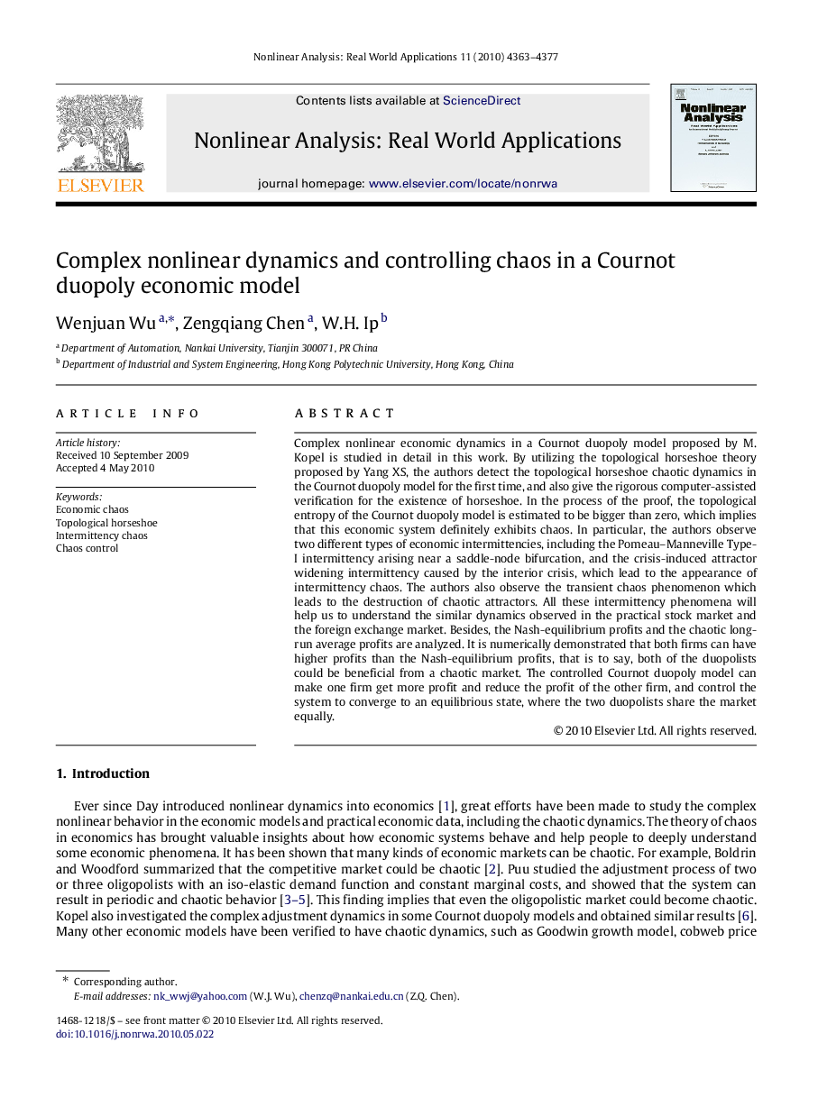 Complex nonlinear dynamics and controlling chaos in a Cournot duopoly economic model