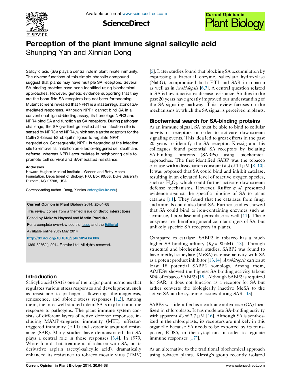 Perception of the plant immune signal salicylic acid