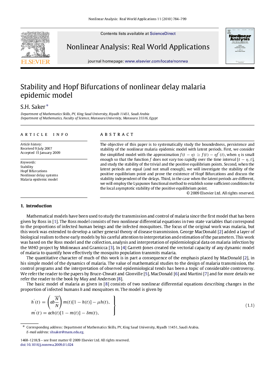 Stability and Hopf Bifurcations of nonlinear delay malaria epidemic model