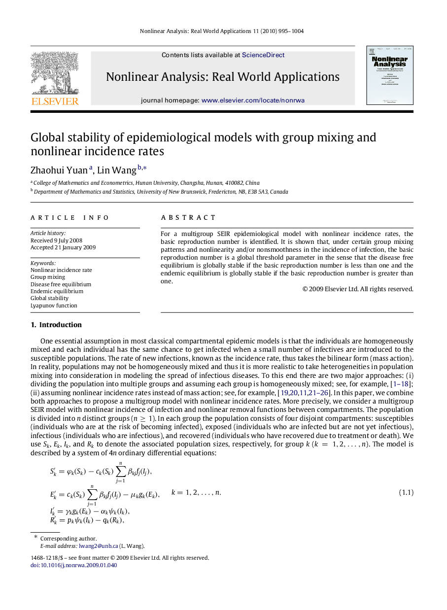 Global stability of epidemiological models with group mixing and nonlinear incidence rates