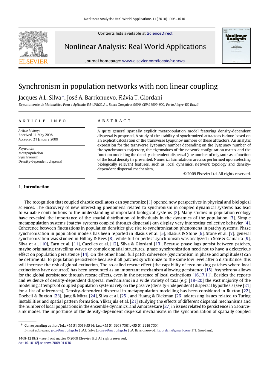 Synchronism in population networks with non linear coupling