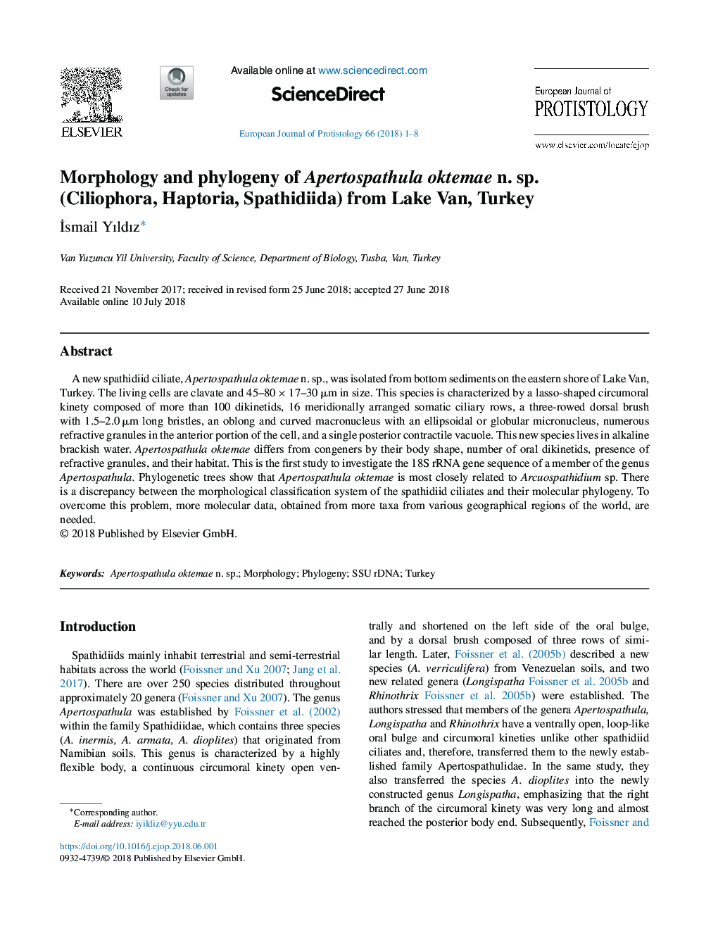 Morphology and phylogeny of Apertospathula oktemae n. sp. (Ciliophora, Haptoria, Spathidiida) from Lake Van, Turkey