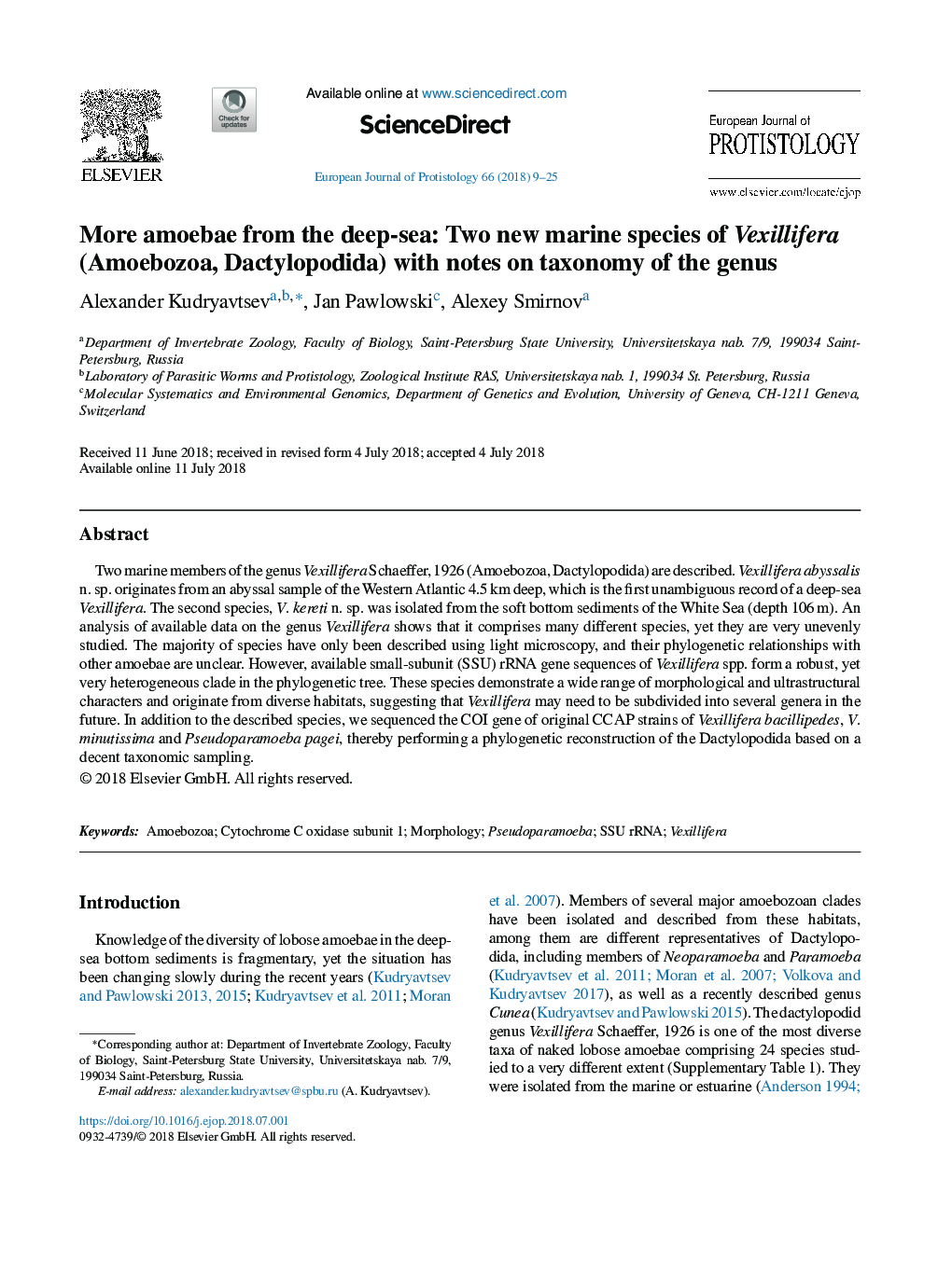 More amoebae from the deep-sea: Two new marine species of Vexillifera (Amoebozoa, Dactylopodida) with notes on taxonomy of the genus