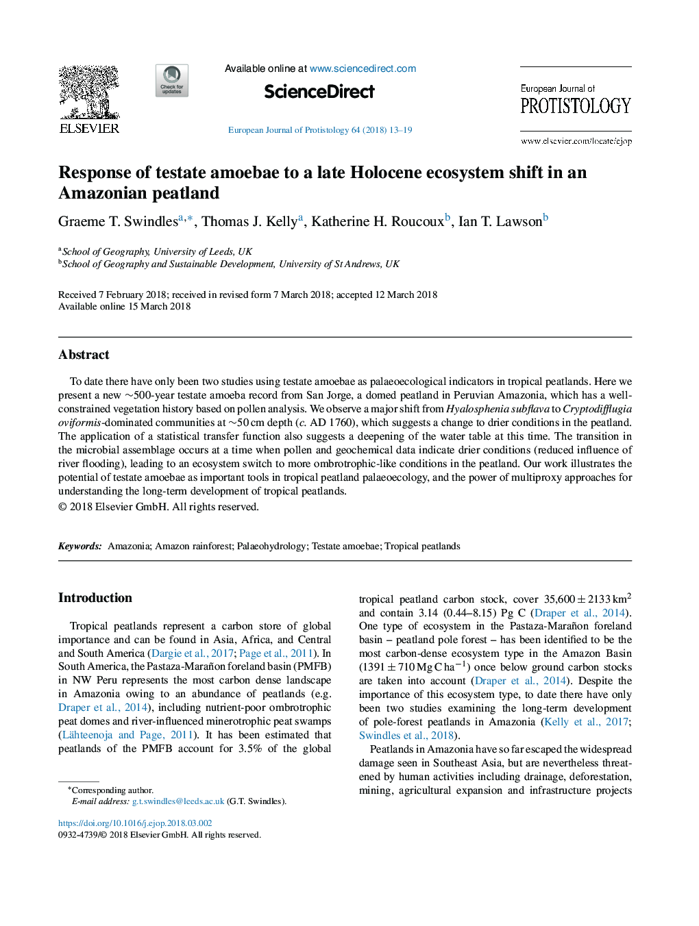 Response of testate amoebae to a late Holocene ecosystem shift in an Amazonian peatland