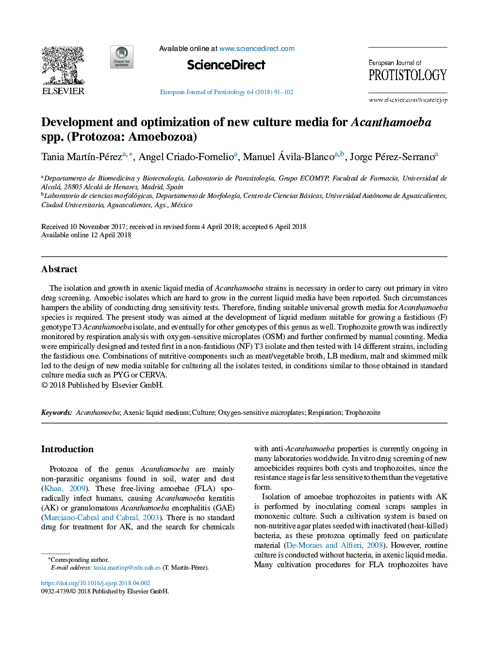 Development and optimization of new culture media for Acanthamoeba spp. (Protozoa: Amoebozoa)