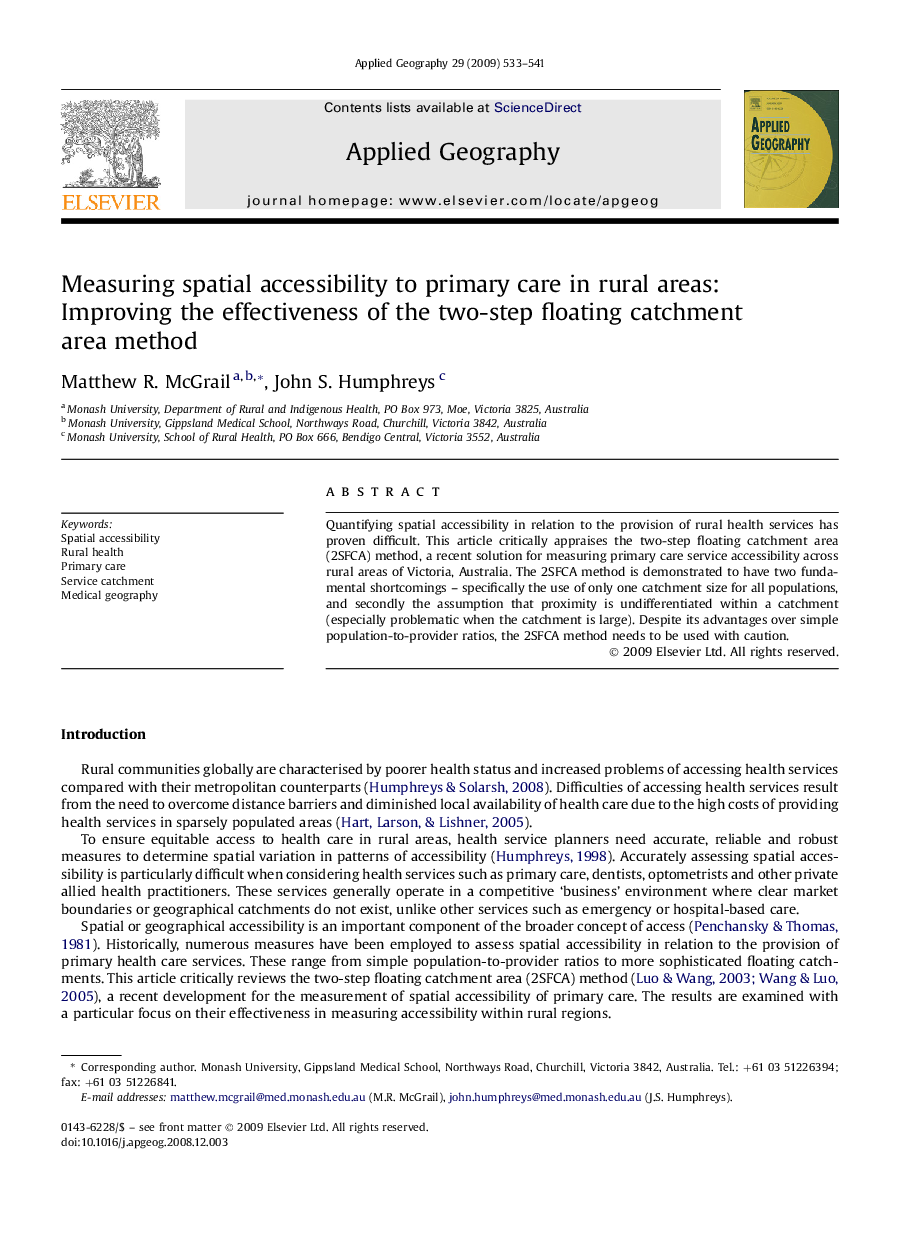 Measuring spatial accessibility to primary care in rural areas: Improving the effectiveness of the two-step floating catchment area method