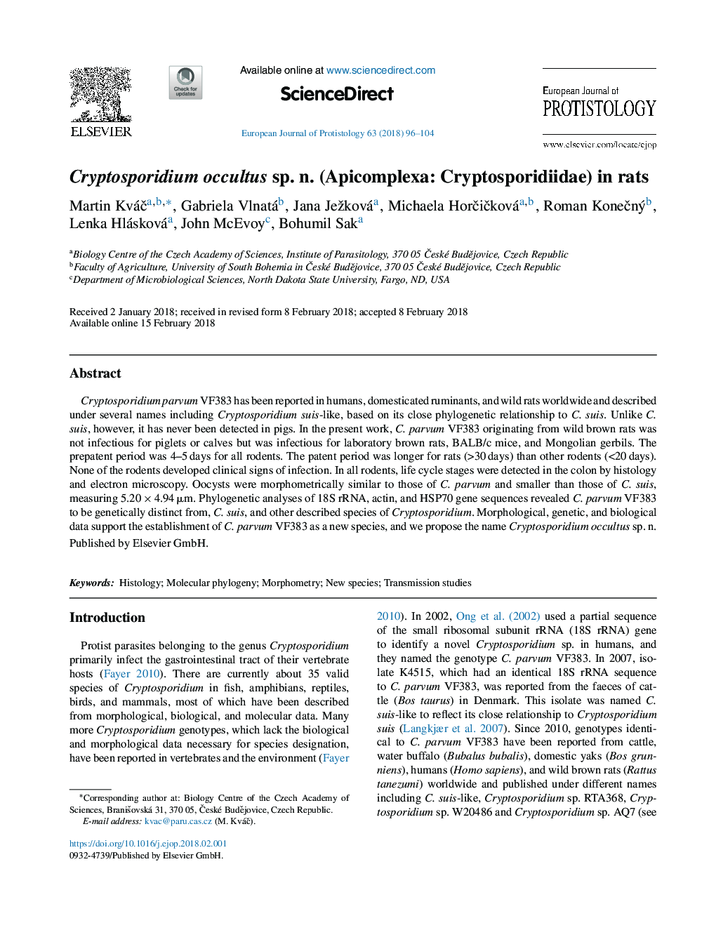 Cryptosporidium occultus sp. n. (Apicomplexa: Cryptosporidiidae) in rats