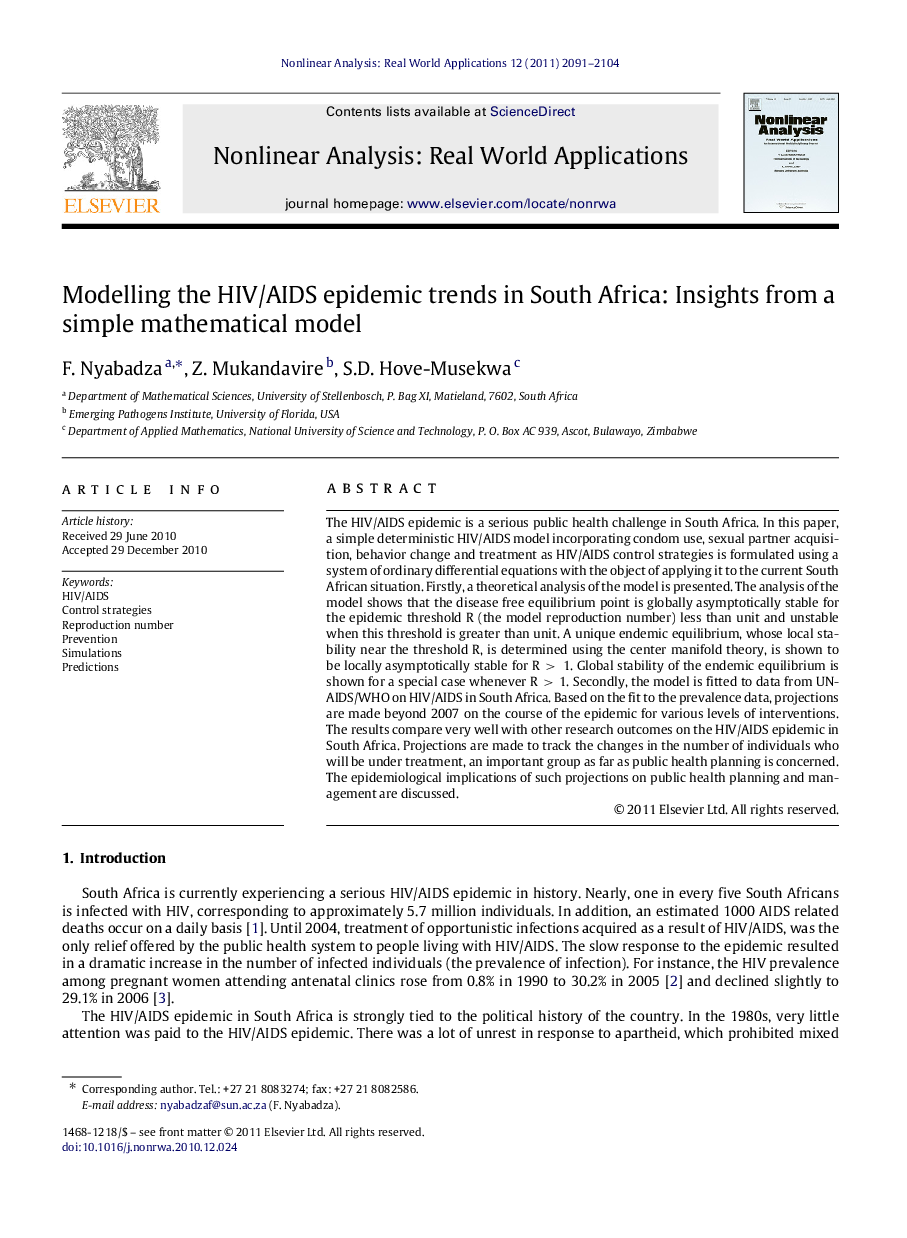 Modelling the HIV/AIDS epidemic trends in South Africa: Insights from a simple mathematical model