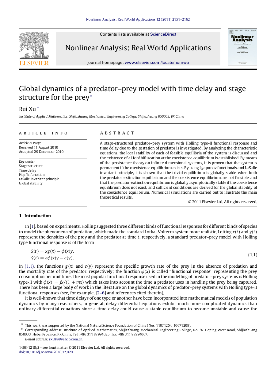 Global dynamics of a predator–prey model with time delay and stage structure for the prey 