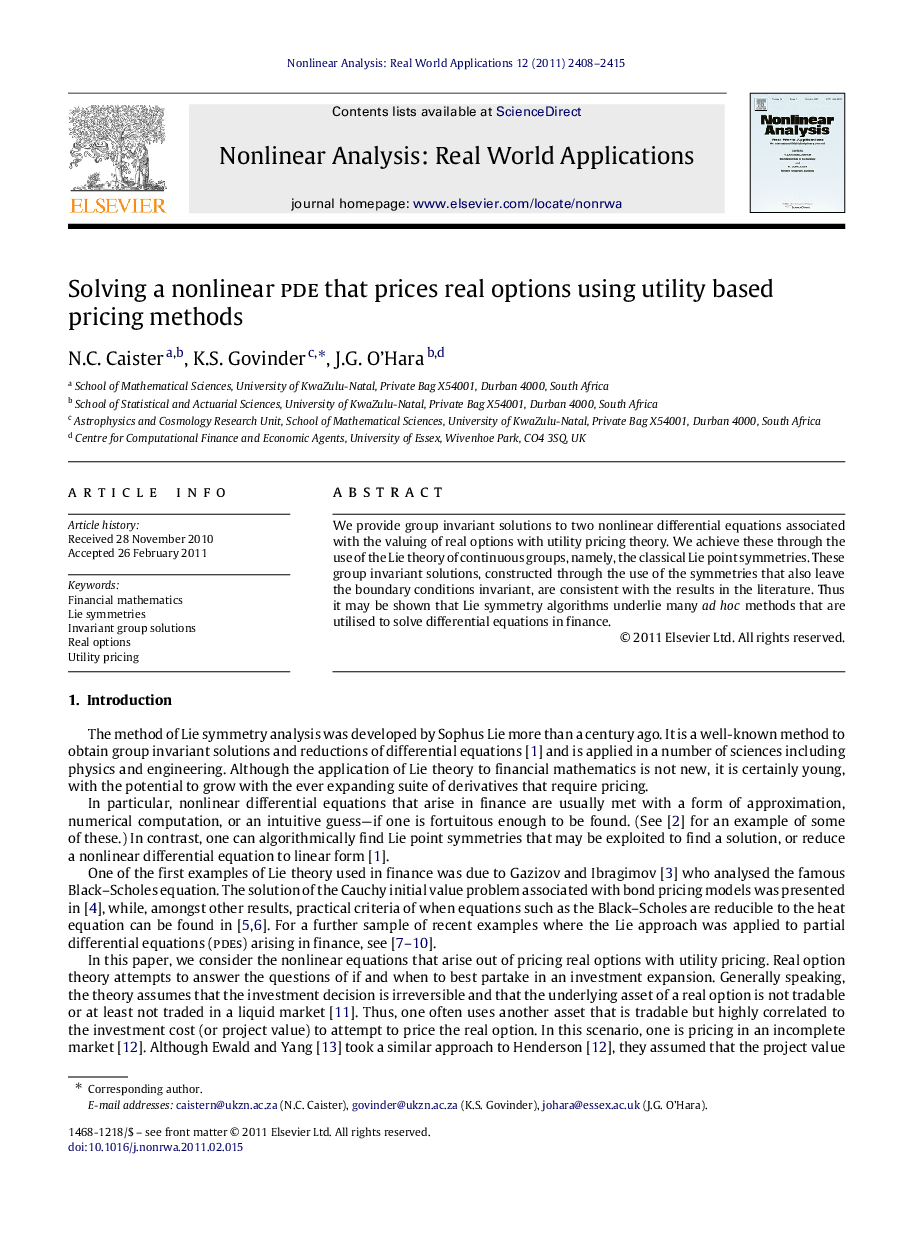 Solving a nonlinear pde that prices real options using utility based pricing methods