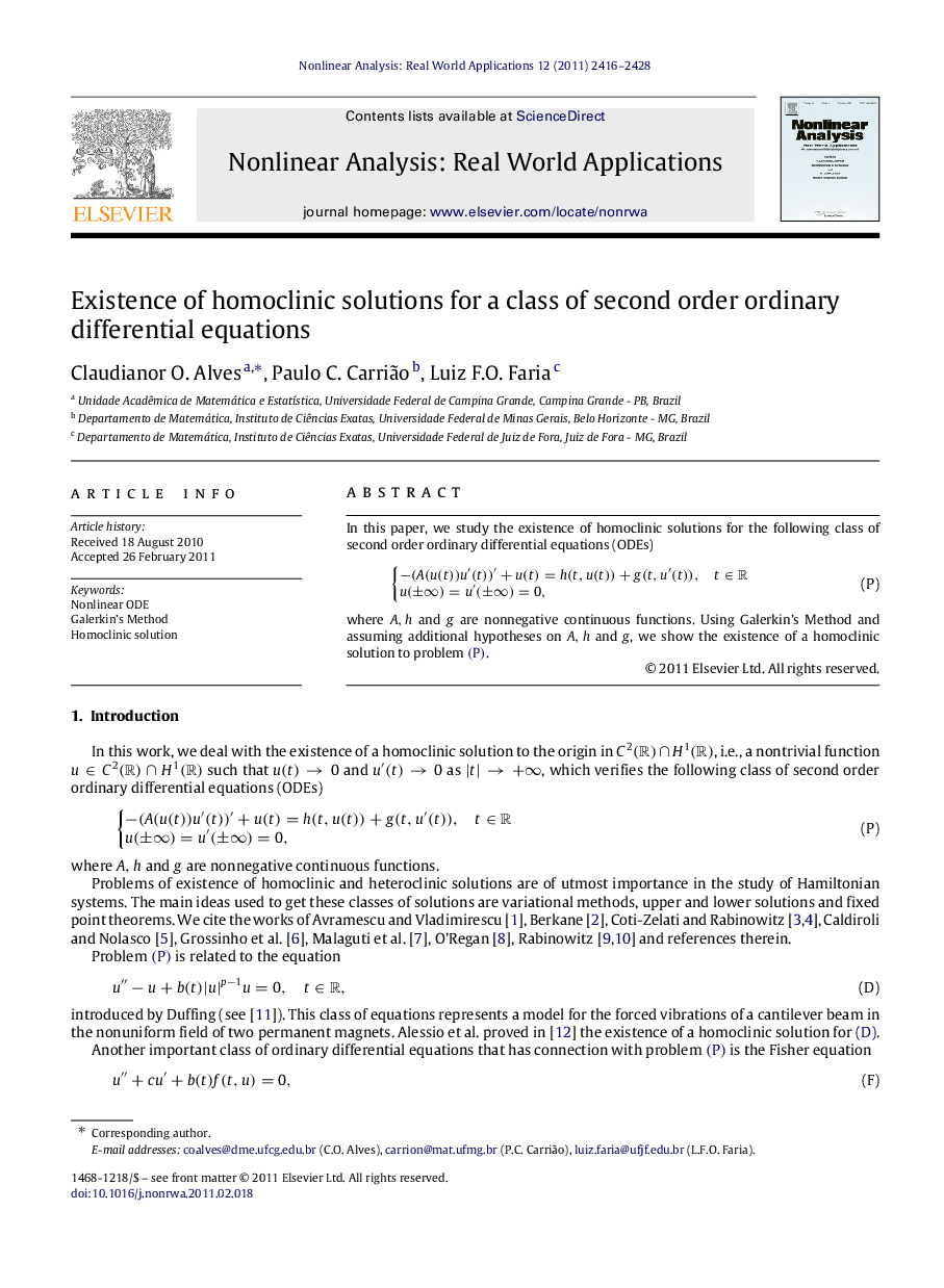 Existence of homoclinic solutions for a class of second order ordinary differential equations