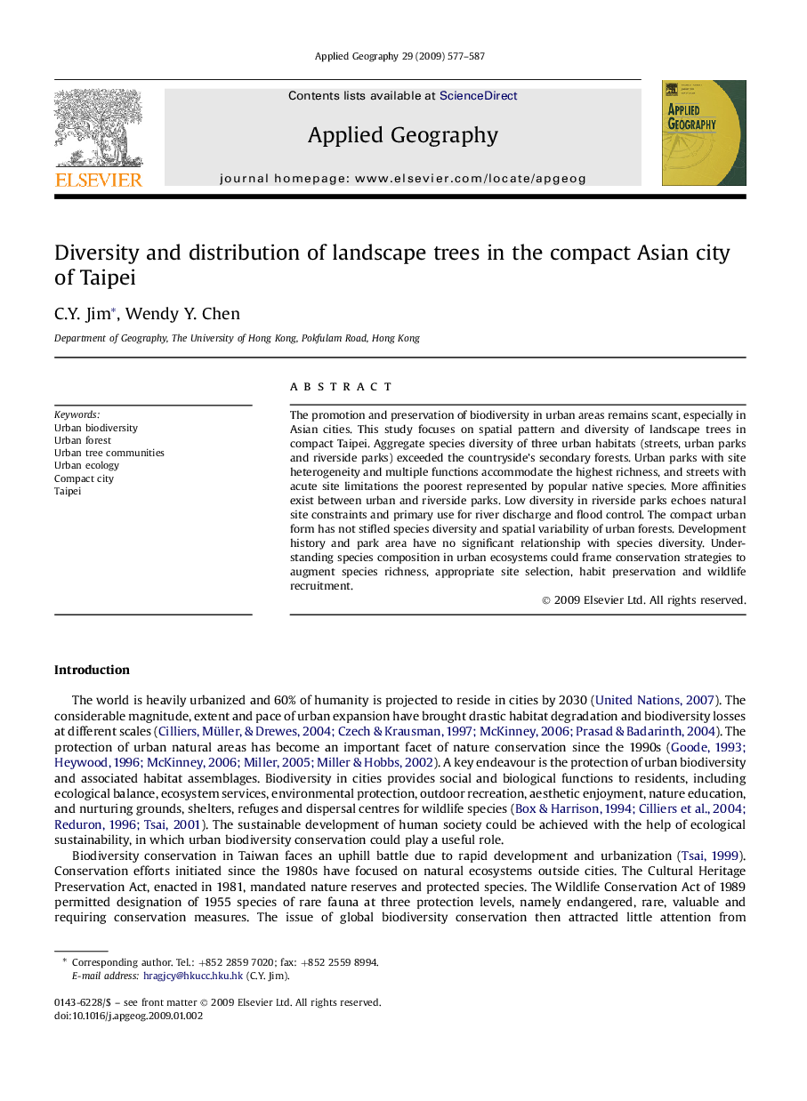 Diversity and distribution of landscape trees in the compact Asian city of Taipei