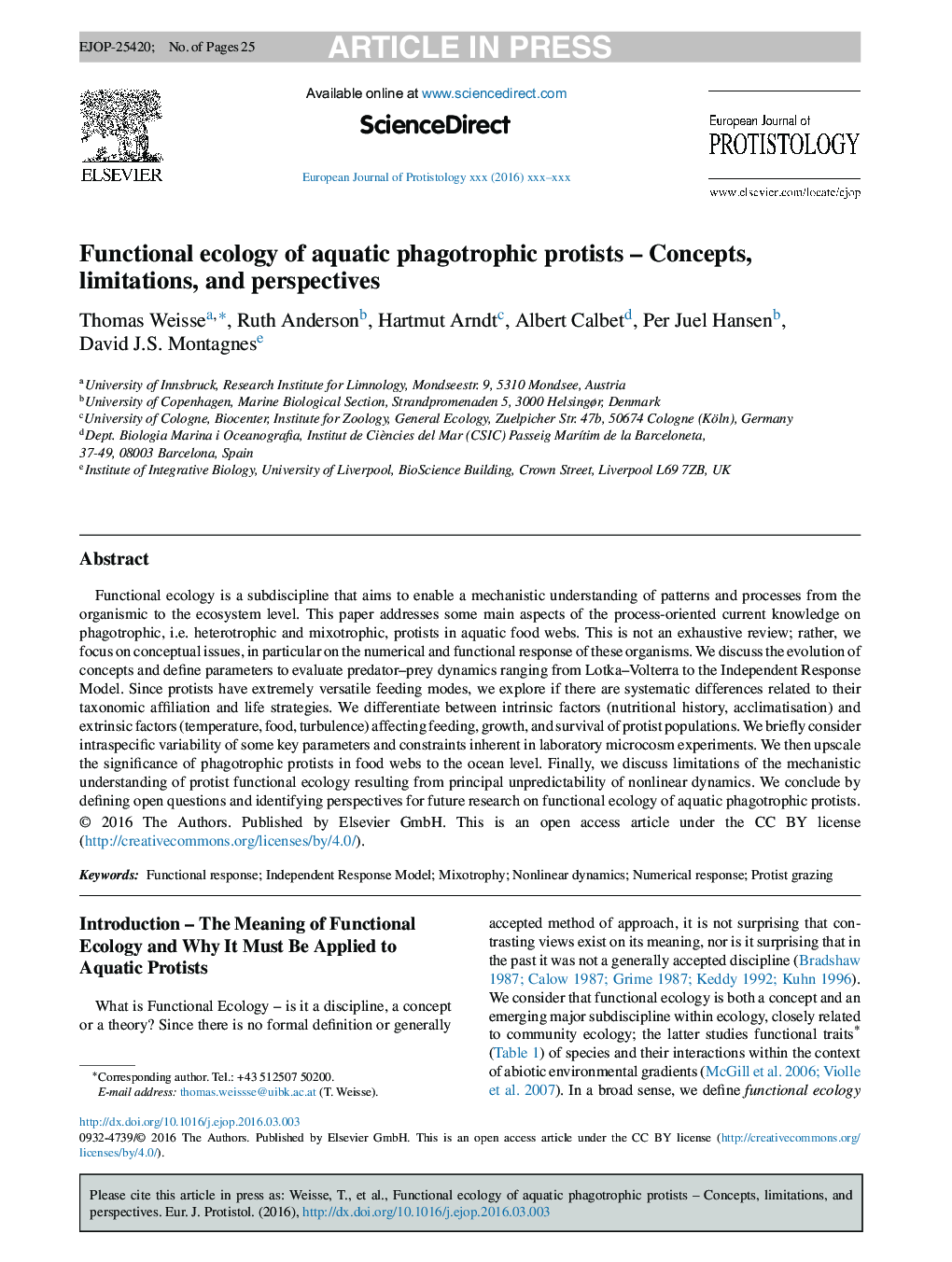 Functional ecology of aquatic phagotrophic protists - Concepts, limitations, and perspectives