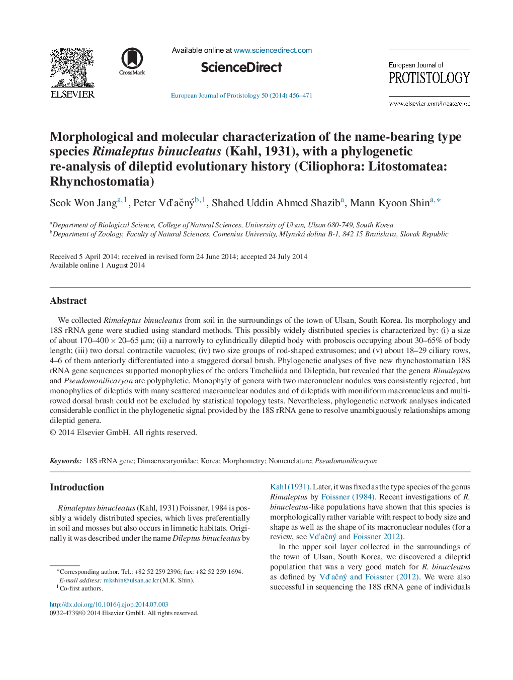 Morphological and molecular characterization of the name-bearing type species Rimaleptus binucleatus (Kahl, 1931), with a phylogenetic re-analysis of dileptid evolutionary history (Ciliophora: Litostomatea: Rhynchostomatia)