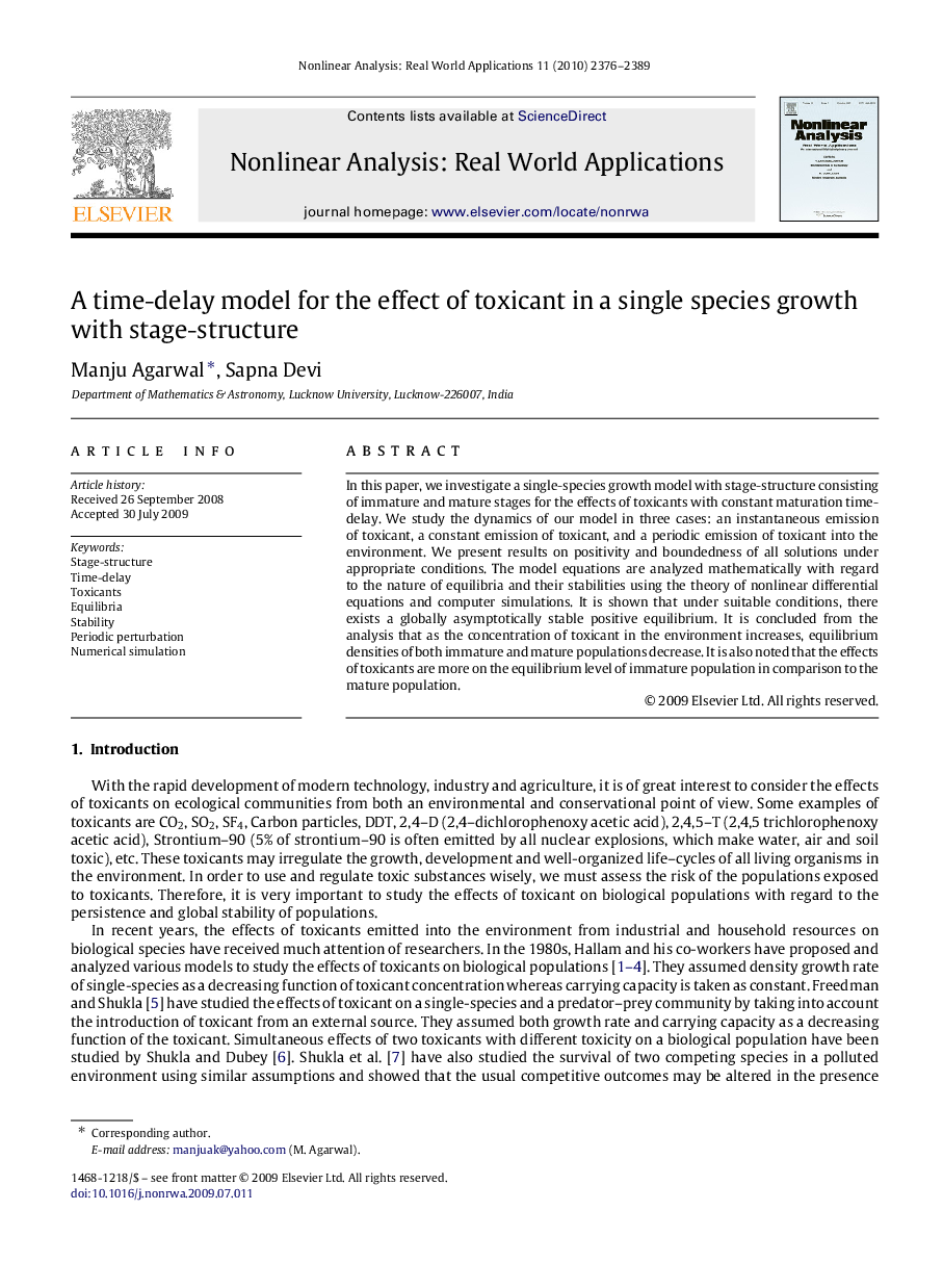 A time-delay model for the effect of toxicant in a single species growth with stage-structure