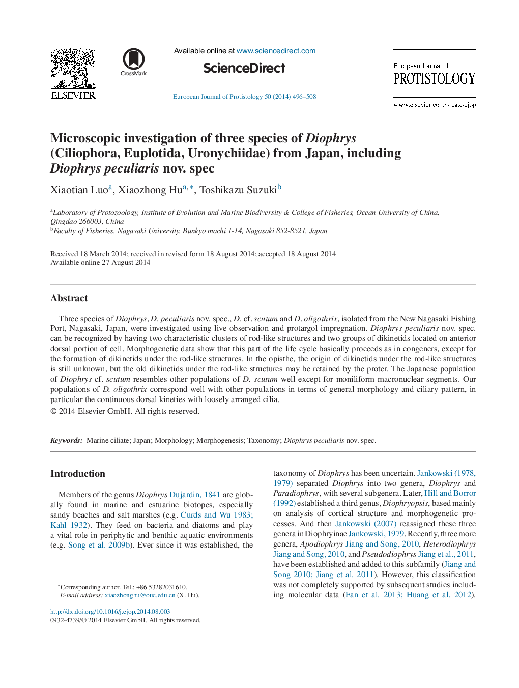 Microscopic investigation of three species of Diophrys (Ciliophora, Euplotida, Uronychiidae) from Japan, including Diophrys peculiaris nov. spec