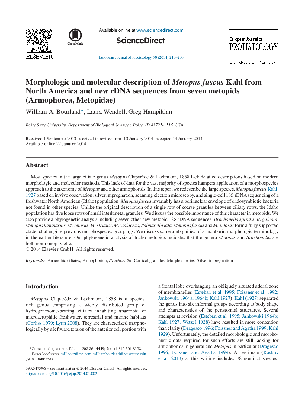 Morphologic and molecular description of Metopus fuscus Kahl from North America and new rDNA sequences from seven metopids (Armophorea, Metopidae)