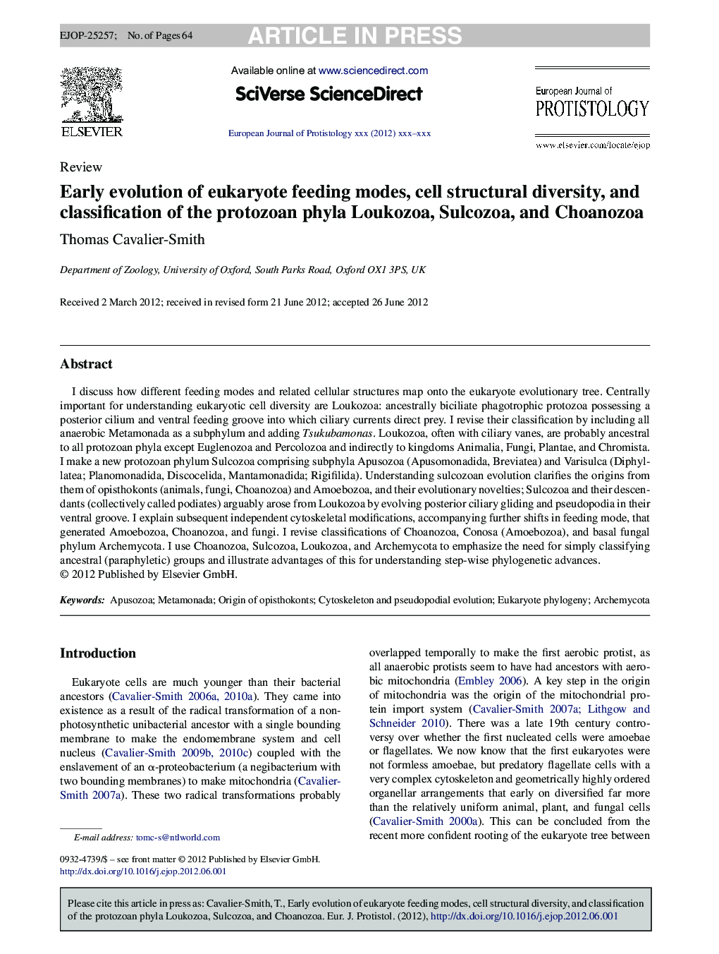 Early evolution of eukaryote feeding modes, cell structural diversity, and classification of the protozoan phyla Loukozoa, Sulcozoa, and Choanozoa