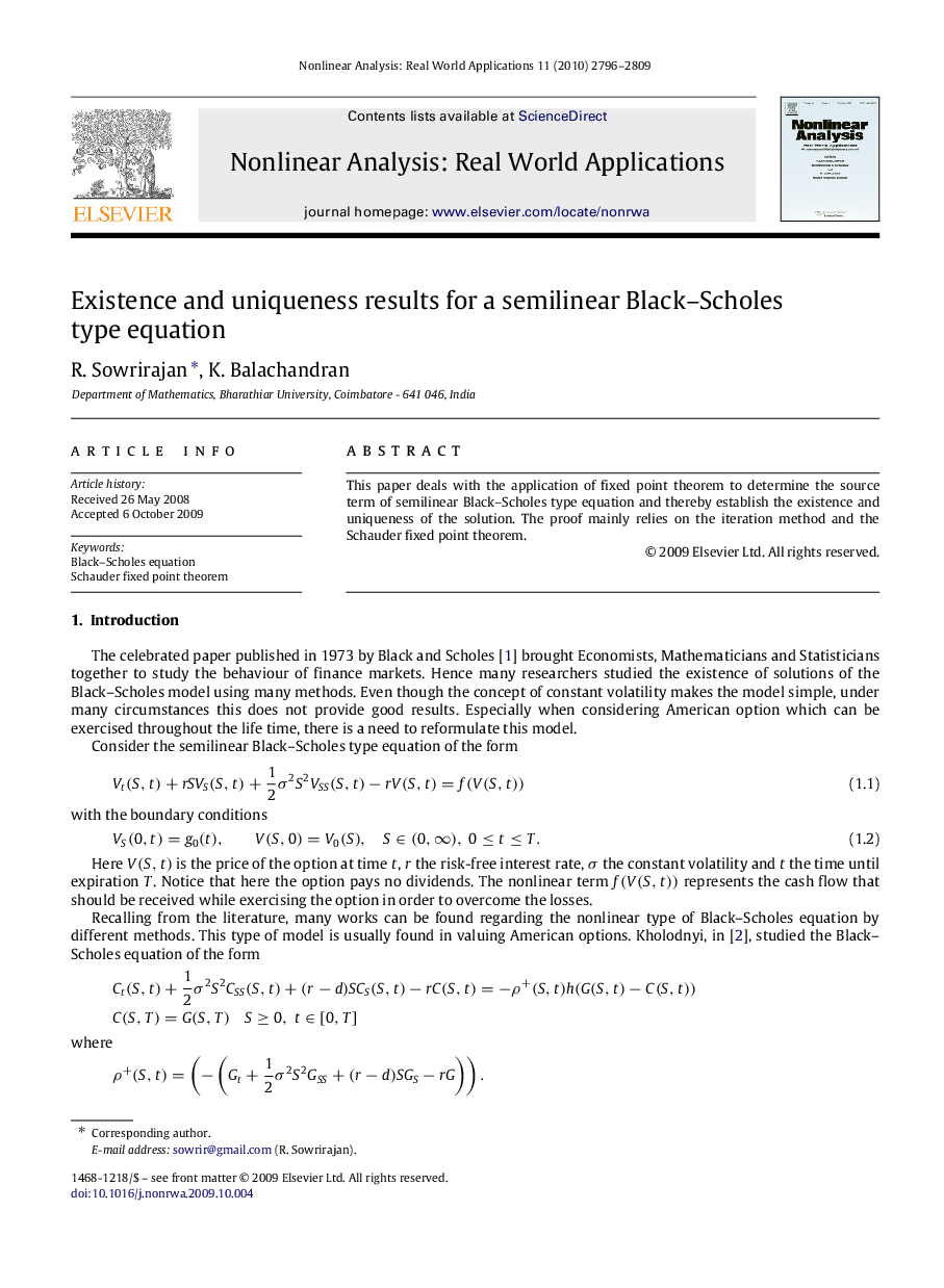 Existence and uniqueness results for a semilinear Black–Scholes type equation