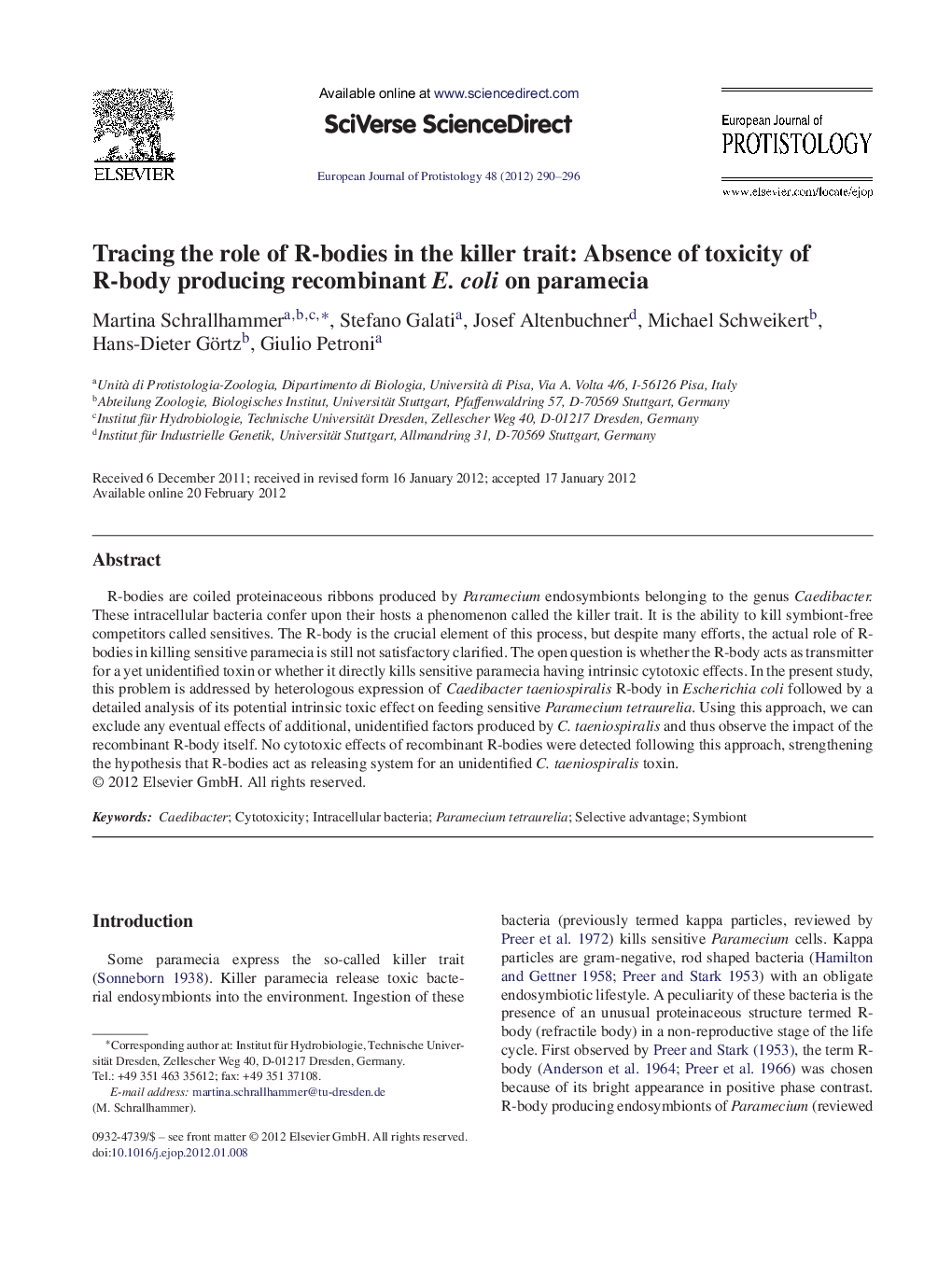 عکس صفحه اول مقاله: Tracing the role of R-bodies in the killer trait: Absence of toxicity of R-body producing recombinant E. coli on paramecia Tracing the role of R-bodies in the killer trait: Absence of toxicity of R-body producing recombinant E. coli on paramecia