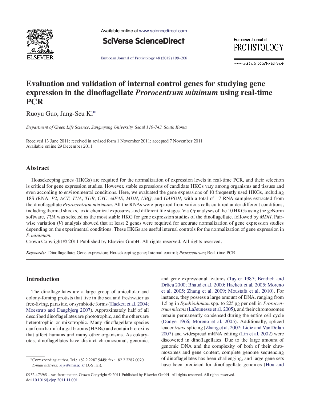 Evaluation and validation of internal control genes for studying gene expression in the dinoflagellate Prorocentrum minimum using real-time PCR