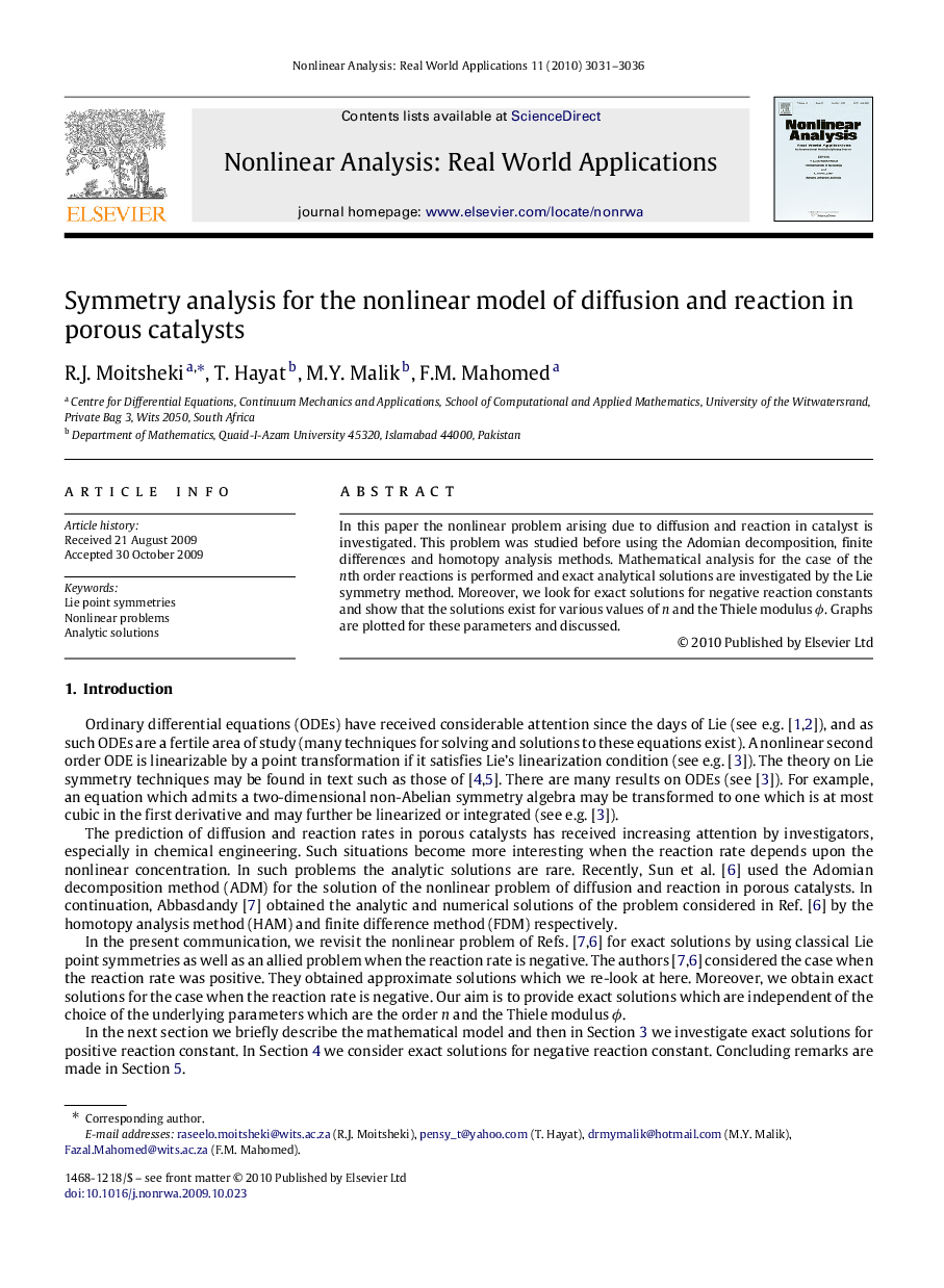 Symmetry analysis for the nonlinear model of diffusion and reaction in porous catalysts