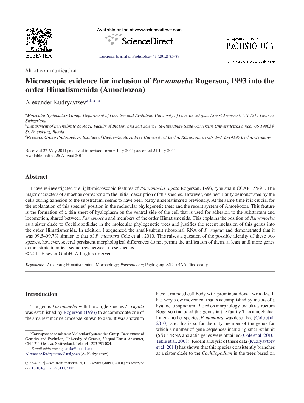 Microscopic evidence for inclusion of Parvamoeba Rogerson, 1993 into the order Himatismenida (Amoebozoa)