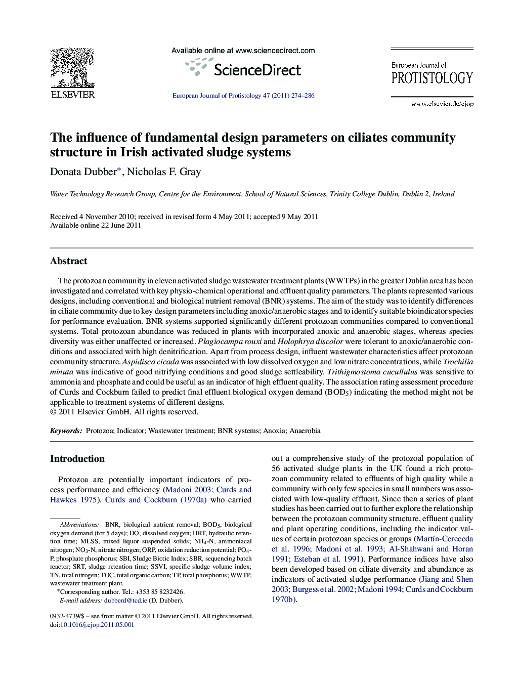 The influence of fundamental design parameters on ciliates community structure in Irish activated sludge systems