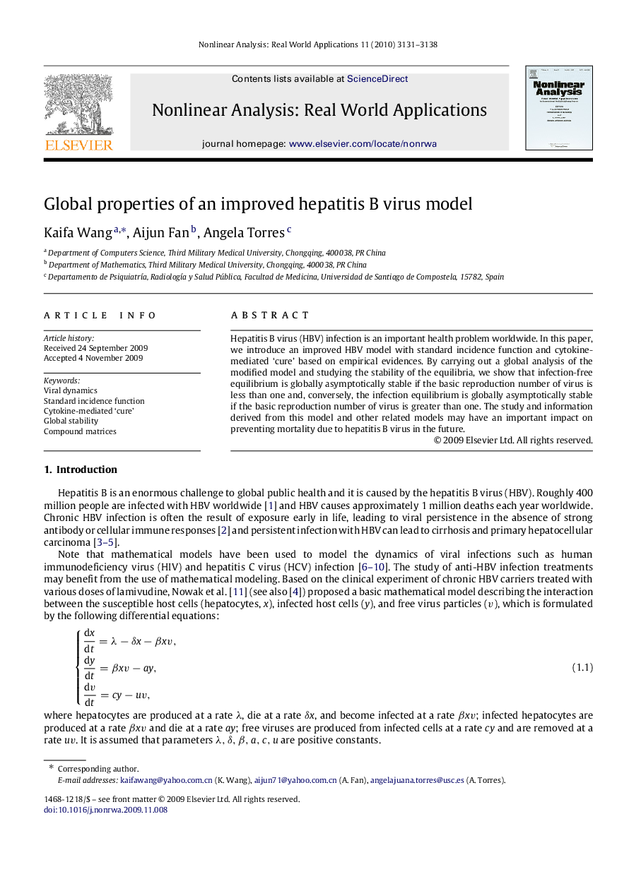 Global properties of an improved hepatitis B virus model