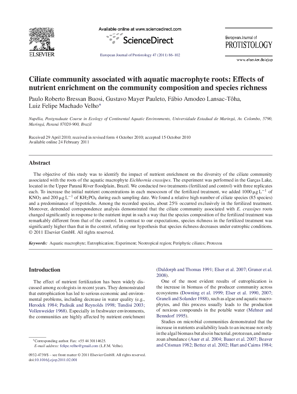 Ciliate community associated with aquatic macrophyte roots: Effects of nutrient enrichment on the community composition and species richness