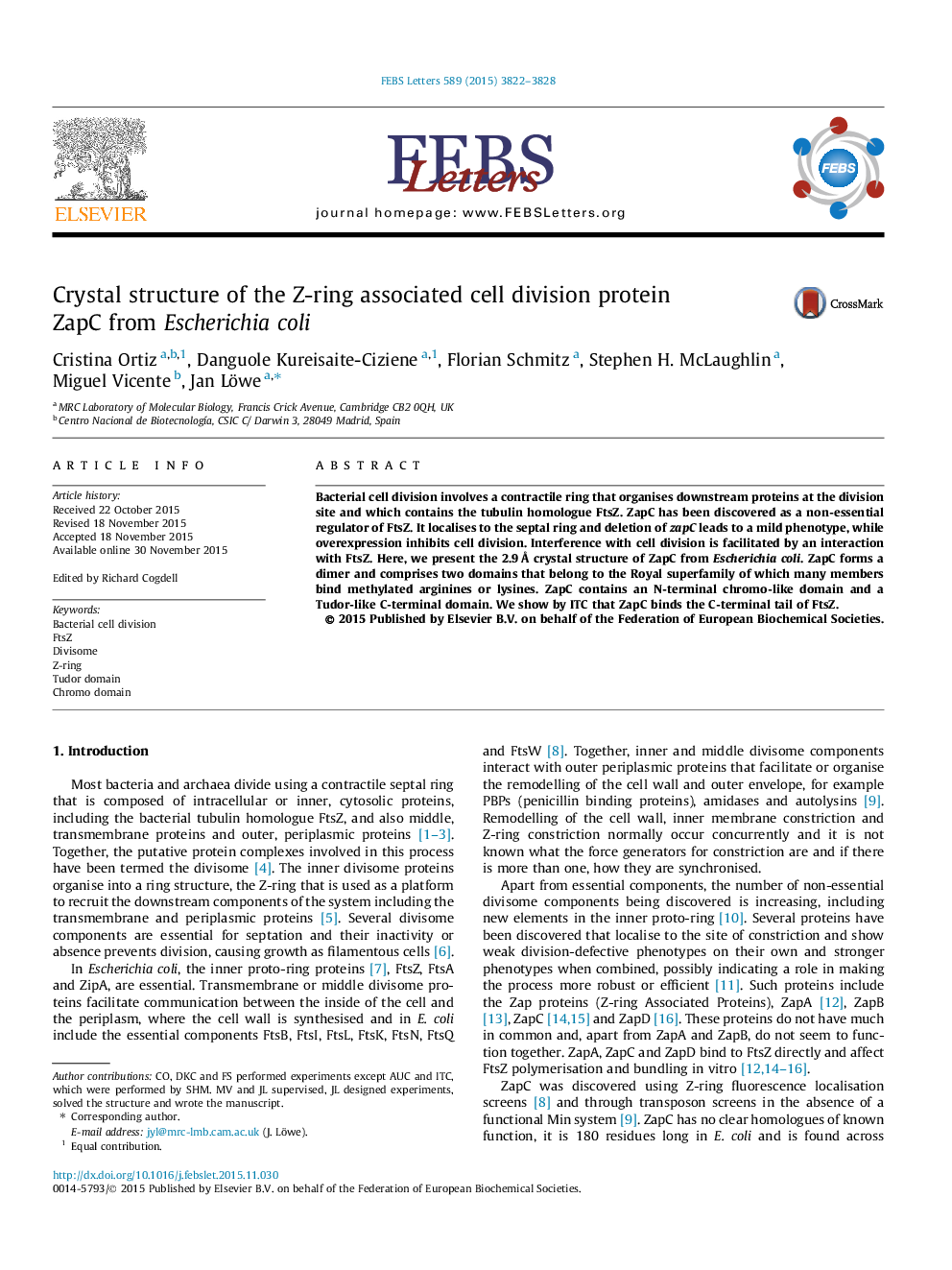 Crystal structure of the Z-ring associated cell division protein ZapC from Escherichia coli