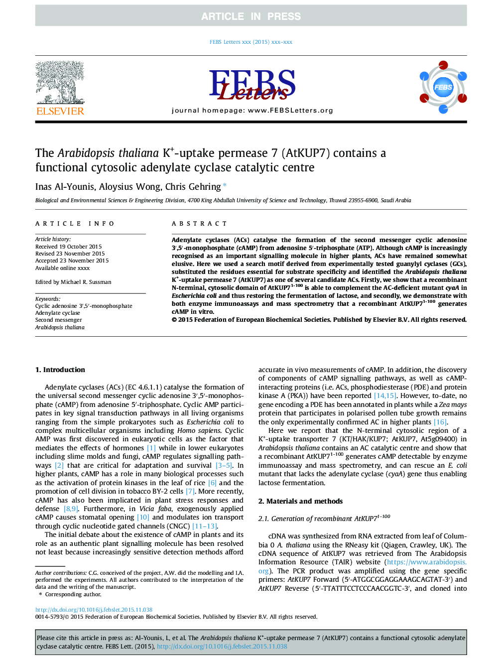 The Arabidopsis thaliana K+-uptake permease 7 (AtKUP7) contains a functional cytosolic adenylate cyclase catalytic centre