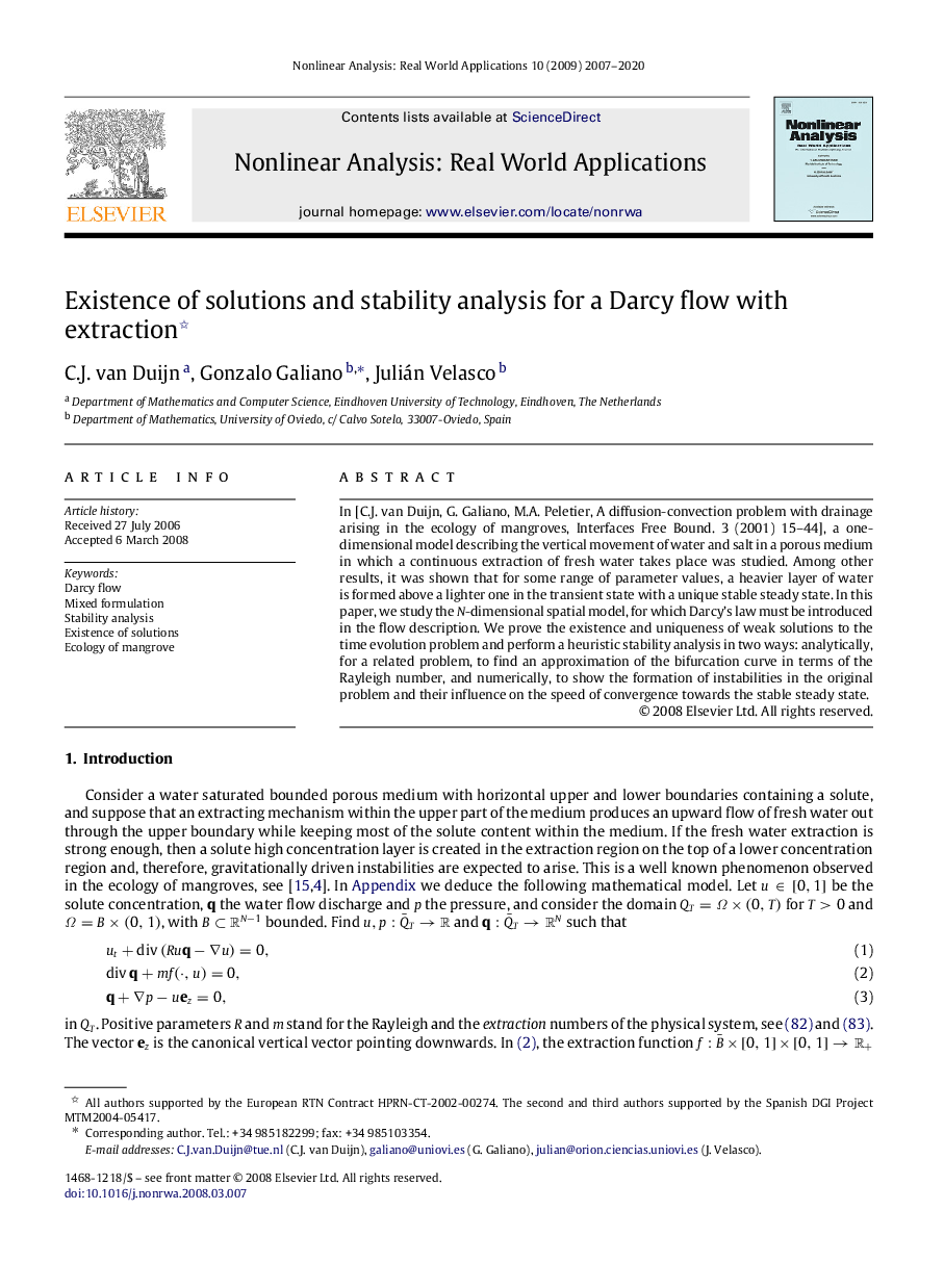 Existence of solutions and stability analysis for a Darcy flow with extraction 