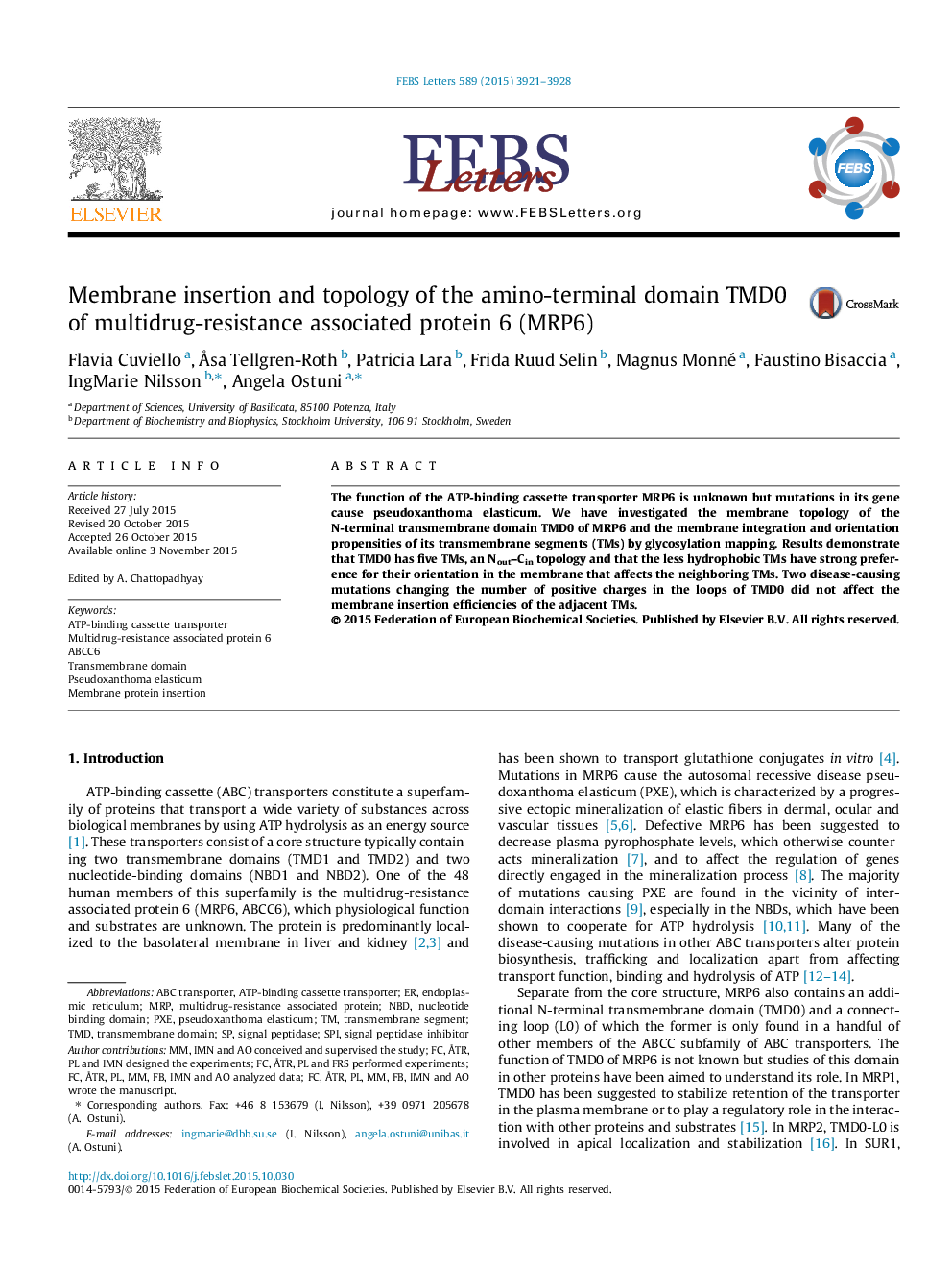 Membrane insertion and topology of the amino-terminal domain TMD0 of multidrug-resistance associated protein 6 (MRP6)